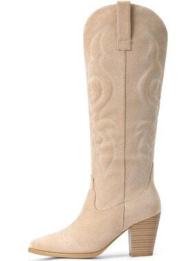 👢Women's BeigeCowgirl Boot Western Pull On Mid Calf Pointed Toe Chunky Heels